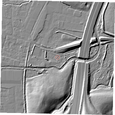 Shaded relief map of the ground around SL30NY, computed from Environment Agency LiDAR. The ground here sits at about 22 m above sea level and falls 14 m across the surrounding 800 m. Surface water reaching this point runs off ground lying to the east-north-east, 10.3 m higher.