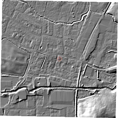 Shaded relief map of the ground around SL30NZ, computed from Environment Agency LiDAR. The ground here sits at about 21 m above sea level and falls 14 m across the surrounding 800 m. Surface water reaching this point runs off ground lying to the west-north-west, 0.9 m higher.