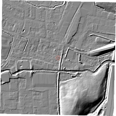 Shaded relief map of the ground around SL30PA, computed from Environment Agency LiDAR. The ground here sits at about 21 m above sea level and falls 14 m across the surrounding 800 m. Surface water reaching this point runs off ground lying to the south, 1.7 m higher.