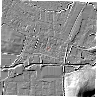 Shaded relief map of the ground around SL30PB, computed from Environment Agency LiDAR. The ground here sits at about 21 m above sea level and falls 14 m across the surrounding 800 m. Surface water reaching this point runs off ground lying to the south-east, 2.3 m higher.