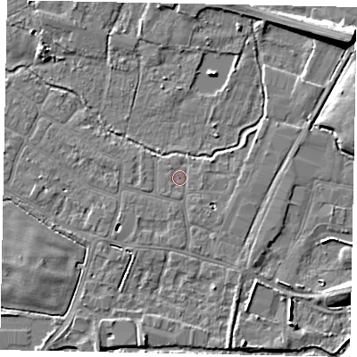 Shaded relief map of the ground around SL30PP, computed from Environment Agency LiDAR. The ground here sits at about 21 m above sea level and falls 10 m across the surrounding 800 m. Surface water reaching this point runs off ground lying to the south-south-east, 1.0 m higher.