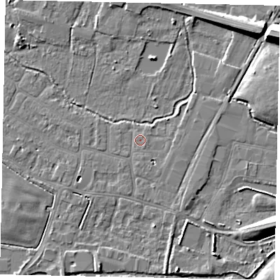 Shaded relief map of the ground around SL30PR, computed from Environment Agency LiDAR. The ground here sits at about 21 m above sea level and falls 11 m across the surrounding 800 m. Surface water reaching this point runs off ground lying to the south-south-east, 1.0 m higher.