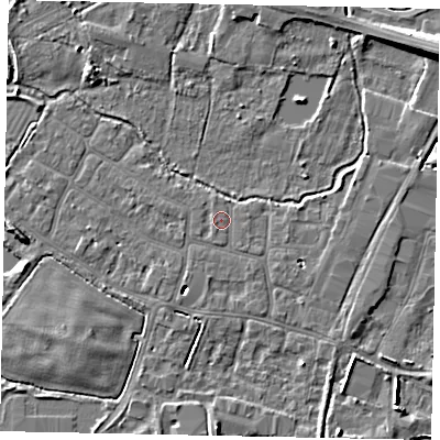Shaded relief map of the ground around SL30PS, computed from Environment Agency LiDAR. The ground here sits at about 21 m above sea level and falls 8 m across the surrounding 800 m. Surface water reaching this point runs off ground lying to the south-east, 0.6 m higher.