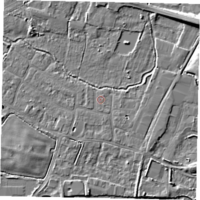 Shaded relief map of the ground around SL30PT, computed from Environment Agency LiDAR. The ground here sits at about 21 m above sea level and falls 9 m across the surrounding 800 m. Surface water reaching this point runs off ground lying to the south-south-east, 0.6 m higher.
