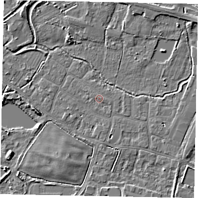 Shaded relief map of the ground around SL30PY, computed from Environment Agency LiDAR. The ground here sits at about 21 m above sea level and falls 6 m across the surrounding 800 m. Surface water reaching this point runs off ground lying to the south-east, 0.7 m higher.
