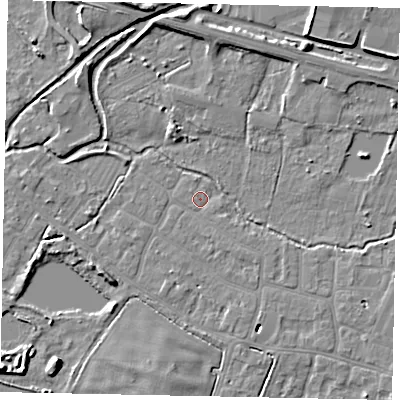 Shaded relief map of the ground around SL30PZ, computed from Environment Agency LiDAR. The ground here sits at about 21 m above sea level and falls 7 m across the surrounding 800 m. Surface water reaching this point runs off ground lying to the south-east, 1.0 m higher.