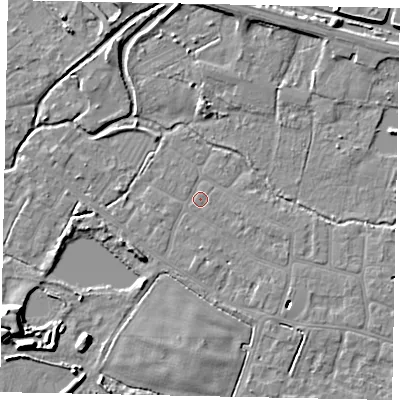 Shaded relief map of the ground around SL30QD, computed from Environment Agency LiDAR. The ground here sits at about 21 m above sea level and falls 8 m across the surrounding 800 m. Surface water reaching this point runs off ground lying to the south-east, 3.0 m higher.