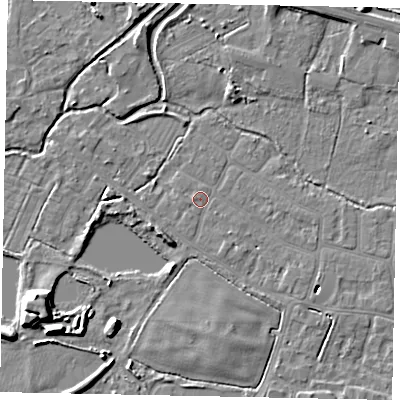 Shaded relief map of the ground around SL30QG, computed from Environment Agency LiDAR. The ground here sits at about 21 m above sea level and falls 8 m across the surrounding 800 m. Surface water reaching this point runs off ground lying to the south, 1.9 m higher.