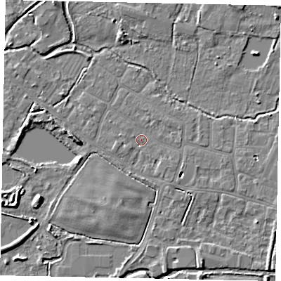 Shaded relief map of the ground around SL30QH, computed from Environment Agency LiDAR. The ground here sits at about 21 m above sea level and falls 6 m across the surrounding 800 m. Surface water reaching this point runs off ground lying to the south-east, 3.0 m higher.