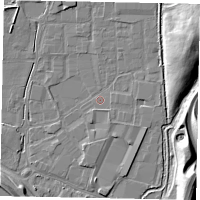 Shaded relief map of the ground around SL30QU, computed from Environment Agency LiDAR. The ground here sits at about 20 m above sea level and falls 14 m across the surrounding 800 m. Surface water reaching this point runs off ground lying to the north-east, 2.0 m higher.