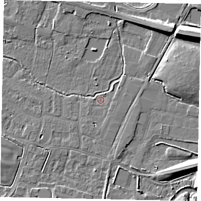 Shaded relief map of the ground around SL30QW, computed from Environment Agency LiDAR. The ground here sits at about 21 m above sea level and falls 13 m across the surrounding 800 m. Surface water reaching this point runs off ground lying to the south-south-west, 1.3 m higher.