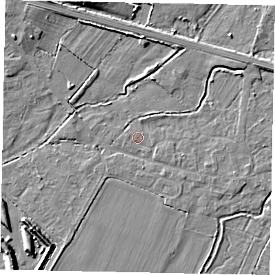 Shaded relief map of the ground around SL30RL, computed from Environment Agency LiDAR. The ground here sits at about 20 m above sea level and falls 7 m across the surrounding 800 m. Surface water reaching this point runs off ground lying to the east, 0.8 m higher.