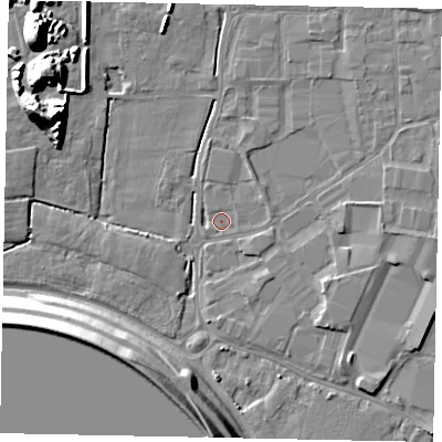 Shaded relief map of the ground around SL30SB, computed from Environment Agency LiDAR. The ground here sits at about 19 m above sea level and falls 15 m across the surrounding 800 m. Surface water reaching this point runs off ground lying to the north-north-east, 1.8 m higher.