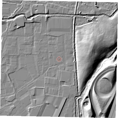 Shaded relief map of the ground around SL30TW, computed from Environment Agency LiDAR. The ground here sits at about 20 m above sea level and falls 14 m across the surrounding 800 m. The ground contributing surface water to this point lies to the north-north-east.