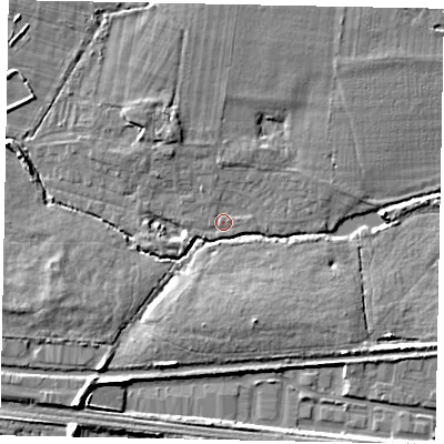 Shaded relief map of the ground around SL36AE, computed from Environment Agency LiDAR. The ground here sits at about 28 m above sea level and falls 8 m across the surrounding 800 m. Surface water reaching this point runs off ground lying to the north-north-west, 3.2 m higher.