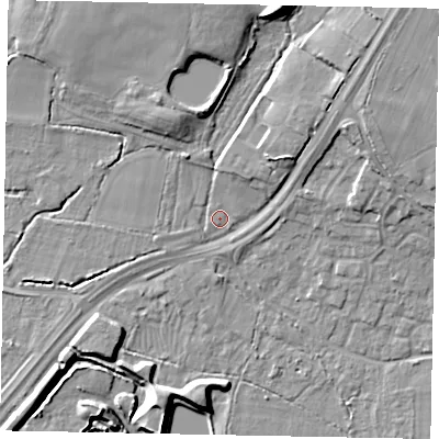 Shaded relief map of the ground around SL36AN, computed from Environment Agency LiDAR. The ground here sits at about 31 m above sea level and falls 16 m across the surrounding 800 m. Surface water reaching this point runs off ground lying to the north-north-east, 11.0 m higher.