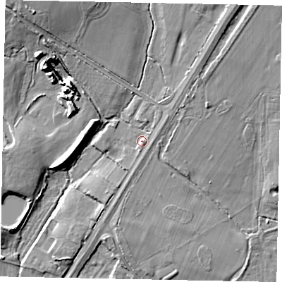 Shaded relief map of the ground around SL36AP, computed from Environment Agency LiDAR. The ground here sits at about 37 m above sea level and falls 14 m across the surrounding 800 m. Surface water reaching this point runs off ground lying to the south-south-east, 1.4 m higher.