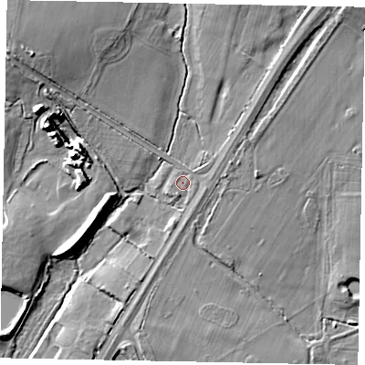 Shaded relief map of the ground around SL36AR, computed from Environment Agency LiDAR. The ground here sits at about 37 m above sea level and falls 14 m across the surrounding 800 m. Surface water reaching this point runs off ground lying to the north-east, 1.4 m higher.