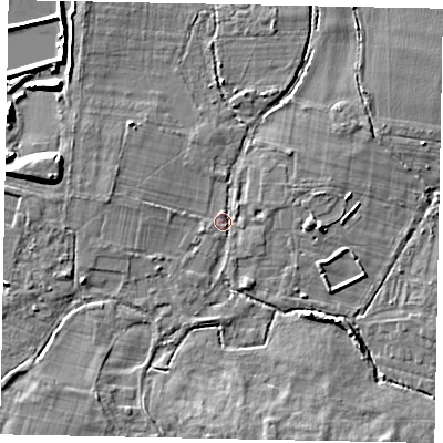 Shaded relief map of the ground around SL36BS, computed from Environment Agency LiDAR. The ground here sits at about 28 m above sea level and falls 7 m across the surrounding 800 m. Surface water reaching this point runs off ground lying to the north-east, 3.0 m higher.
