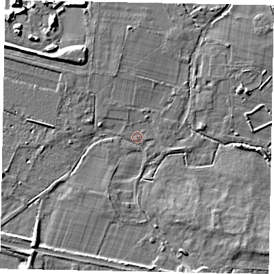 Shaded relief map of the ground around SL36BU, computed from Environment Agency LiDAR. The ground here sits at about 28 m above sea level and falls 9 m across the surrounding 800 m. Surface water reaching this point runs off ground lying to the west-south-west, 4.5 m higher.