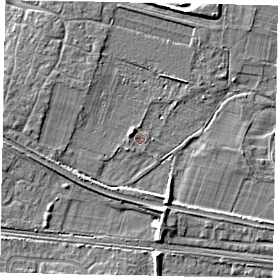 Shaded relief map of the ground around SL36BY, computed from Environment Agency LiDAR. The ground here sits at about 29 m above sea level and falls 8 m across the surrounding 800 m. Surface water reaching this point runs off ground lying to the north-west, 3.1 m higher.