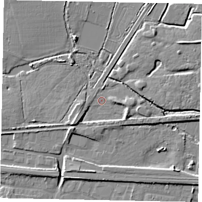 Shaded relief map of the ground around SL36DD, computed from Environment Agency LiDAR. The ground here sits at about 28 m above sea level and falls 8 m across the surrounding 800 m. Surface water reaching this point runs off ground lying to the south-west, 5.8 m higher.