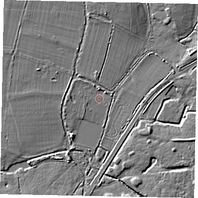Shaded relief map of the ground around SL36DH, computed from Environment Agency LiDAR. The ground here sits at about 28 m above sea level and falls 9 m across the surrounding 800 m. Surface water reaching this point runs off ground lying to the north, 3.1 m higher.