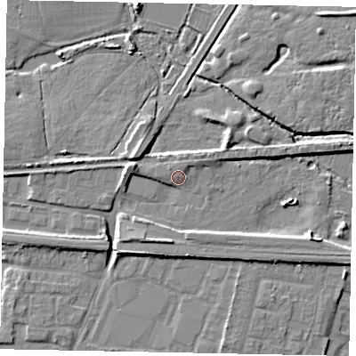 Shaded relief map of the ground around SL36EG, computed from Environment Agency LiDAR. The ground here sits at about 30 m above sea level and falls 8 m across the surrounding 800 m. Surface water reaching this point runs off ground lying to the north-west, 2.7 m higher.