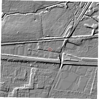 Shaded relief map of the ground around SL36EY, computed from Environment Agency LiDAR. The ground here sits at about 29 m above sea level and falls 7 m across the surrounding 800 m. Surface water reaching this point runs off ground lying to the east, 0.9 m higher.