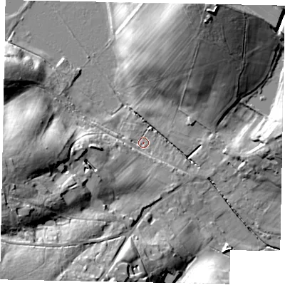 Shaded relief map of the ground around SL36HJ, computed from Environment Agency LiDAR. The ground here sits at about 45 m above sea level and falls 32 m across the surrounding 800 m. Surface water reaching this point runs off ground lying to the south-west, 30.8 m higher.
