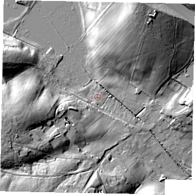 Shaded relief map of the ground around SL36HL, computed from Environment Agency LiDAR. The ground here sits at about 45 m above sea level and falls 32 m across the surrounding 800 m. Surface water reaching this point runs off ground lying to the south-west, 31.0 m higher.