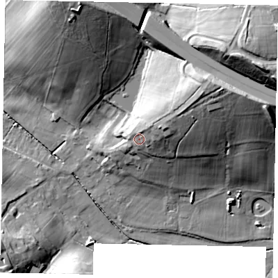 Shaded relief map of the ground around SL36HN, computed from Environment Agency LiDAR. The ground here sits at about 56 m above sea level and falls 37 m across the surrounding 800 m. Surface water reaching this point runs off ground lying to the north-east, 13.0 m higher.