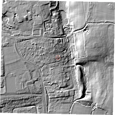 Shaded relief map of the ground around SL36LF, computed from Environment Agency LiDAR. The ground here sits at about 38 m above sea level and falls 15 m across the surrounding 800 m. Surface water reaching this point runs off ground lying to the north-north-west, 2.9 m higher.