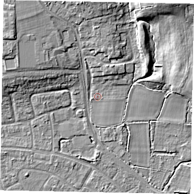 Shaded relief map of the ground around SL36LH, computed from Environment Agency LiDAR. The ground here sits at about 32 m above sea level and falls 14 m across the surrounding 800 m. Surface water reaching this point runs off ground lying to the north-north-east, 3.8 m higher.