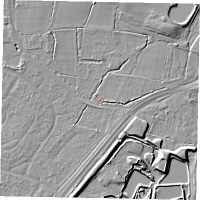 Shaded relief map of the ground around SL36LL, computed from Environment Agency LiDAR. The ground here sits at about 30 m above sea level and falls 11 m across the surrounding 800 m. Surface water reaching this point runs off ground lying to the east-north-east, 2.7 m higher.