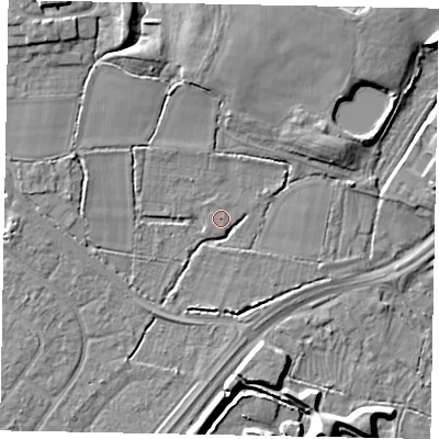 Shaded relief map of the ground around SL36LN, computed from Environment Agency LiDAR. The ground here sits at about 31 m above sea level and falls 13 m across the surrounding 800 m. The ground contributing surface water to this point lies to the north-north-east.
