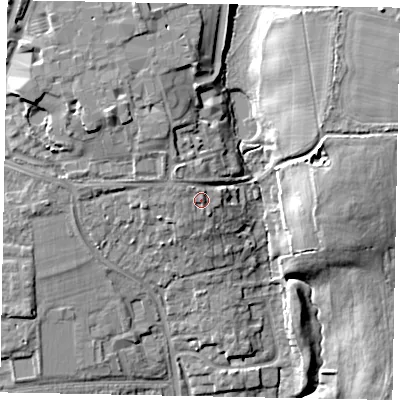Shaded relief map of the ground around SL36LX, computed from Environment Agency LiDAR. The ground here sits at about 41 m above sea level and falls 15 m across the surrounding 800 m. Surface water reaching this point runs off ground lying to the west-north-west, 0.9 m higher.