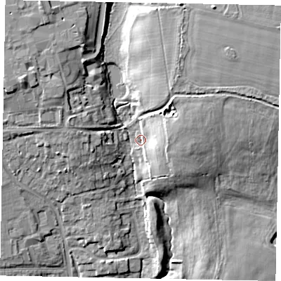 Shaded relief map of the ground around SL36LY, computed from Environment Agency LiDAR. The ground here sits at about 37 m above sea level and falls 15 m across the surrounding 800 m. Surface water reaching this point runs off ground lying to the east-north-east, 9.8 m higher.