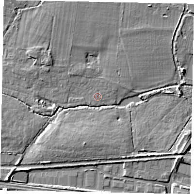 Shaded relief map of the ground around SL36QA, computed from Environment Agency LiDAR. The ground here sits at about 28 m above sea level and falls 8 m across the surrounding 800 m. Surface water reaching this point runs off ground lying to the north-west, 3.2 m higher.