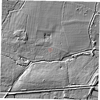 Shaded relief map of the ground around SL36QB, computed from Environment Agency LiDAR. The ground here sits at about 28 m above sea level and falls 7 m across the surrounding 800 m. Surface water reaching this point runs off ground lying to the north-north-east, 3.3 m higher.