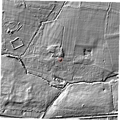 Shaded relief map of the ground around SL36QD, computed from Environment Agency LiDAR. The ground here sits at about 29 m above sea level and falls 6 m across the surrounding 800 m. Surface water reaching this point runs off ground lying to the north, 1.4 m higher.