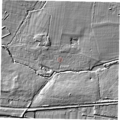 Shaded relief map of the ground around SL36QE, computed from Environment Agency LiDAR. The ground here sits at about 28 m above sea level and falls 8 m across the surrounding 800 m. Surface water reaching this point runs off ground lying to the north-north-west, 1.1 m higher.
