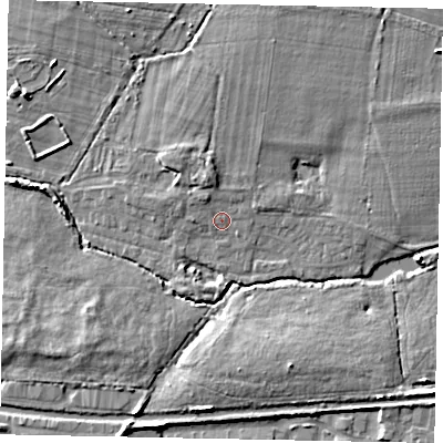 Shaded relief map of the ground around SL36QF, computed from Environment Agency LiDAR. The ground here sits at about 28 m above sea level and falls 6 m across the surrounding 800 m. Surface water reaching this point runs off ground lying to the north-north-west, 2.3 m higher.