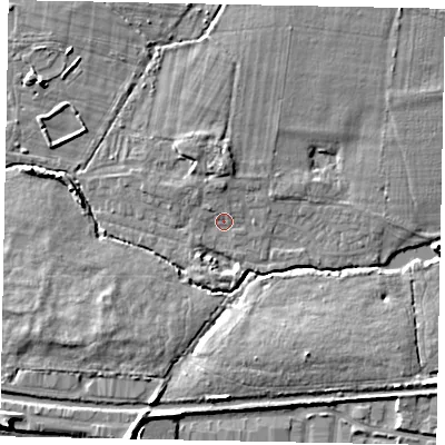 Shaded relief map of the ground around SL36QG, computed from Environment Agency LiDAR. The ground here sits at about 28 m above sea level and falls 8 m across the surrounding 800 m. Surface water reaching this point runs off ground lying to the north-north-west, 1.8 m higher.