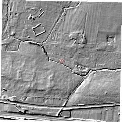 Shaded relief map of the ground around SL36QJ, computed from Environment Agency LiDAR. The ground here sits at about 28 m above sea level and falls 8 m across the surrounding 800 m. Surface water reaching this point runs off ground lying to the south-south-west, 4.8 m higher.
