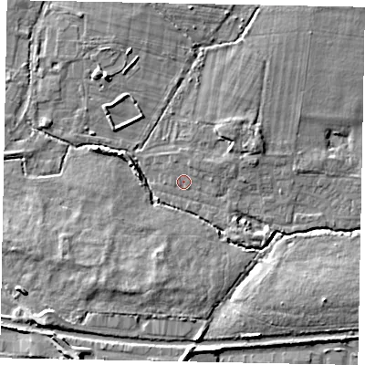 Shaded relief map of the ground around SL36QQ, computed from Environment Agency LiDAR. The ground here sits at about 28 m above sea level and falls 8 m across the surrounding 800 m. Surface water reaching this point runs off ground lying to the south-west, 4.9 m higher.