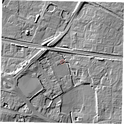 Shaded relief map of the ground around SL37DJ, computed from Environment Agency LiDAR. The ground here sits at about 26 m above sea level and falls 11 m across the surrounding 800 m. Surface water reaching this point runs off ground lying to the north-west, 9.6 m higher.