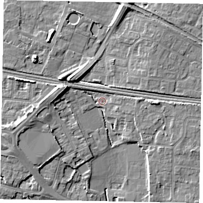 Shaded relief map of the ground around SL37DT, computed from Environment Agency LiDAR. The ground here sits at about 27 m above sea level and falls 11 m across the surrounding 800 m. Surface water reaching this point runs off ground lying to the west-north-west, 9.7 m higher.