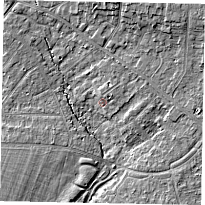 Shaded relief map of the ground around SL37FG, computed from Environment Agency LiDAR. The ground here sits at about 24 m above sea level and falls 9 m across the surrounding 800 m. Surface water reaching this point runs off ground lying to the north-north-east, 8.8 m higher.