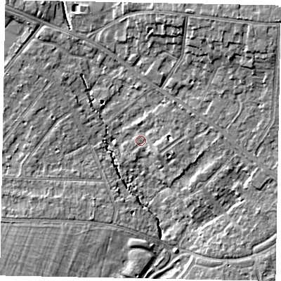 Shaded relief map of the ground around SL37FQ, computed from Environment Agency LiDAR. The ground here sits at about 23 m above sea level and falls 9 m across the surrounding 800 m. Surface water reaching this point runs off ground lying to the north-east, 2.6 m higher.